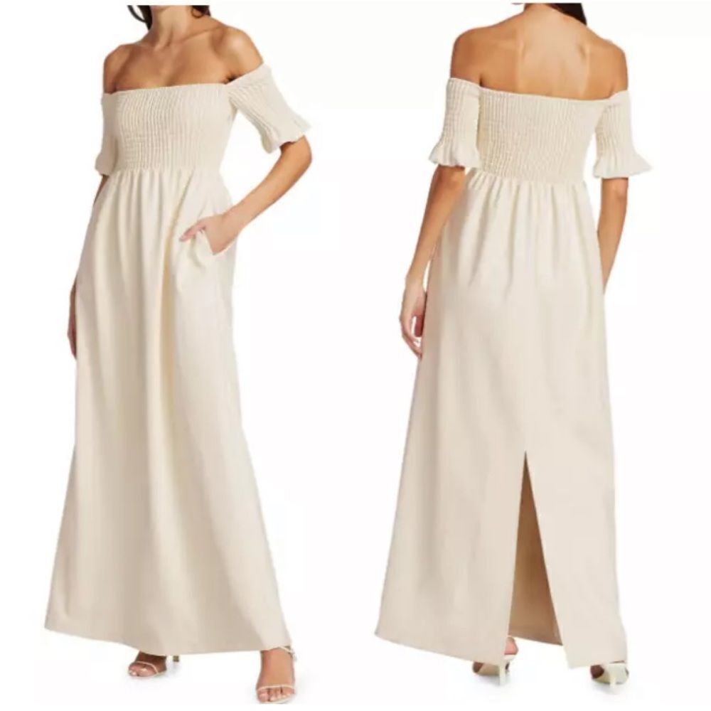 NWT Staud Mae Maxi White Dress Smocked Off the Shoulder Vegan Leather Size M